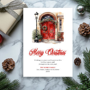 Watercolor festive red Christmas door greeting Holiday Card