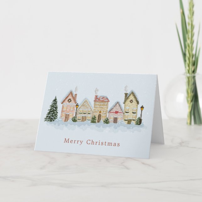 Watercolor Festive Winter Village Merry Christmas Holiday Card (Front)