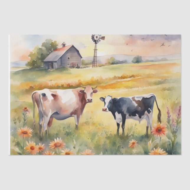 Watercolor Field of cows and sunrise Tissue Paper (Front)