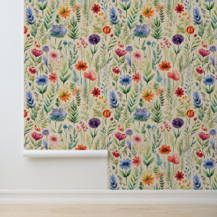 Watercolor Field of Wild Flowers on Cream Wallpaper