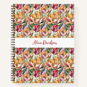 Watercolor Field Red Yellow Tulips your name Notebook