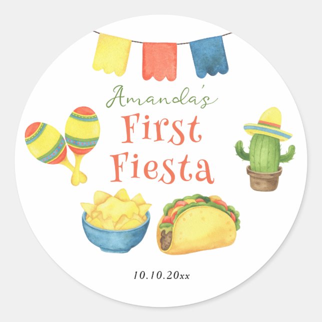 Watercolor Fiesta First Birthday Classic Round Sticker (Front)