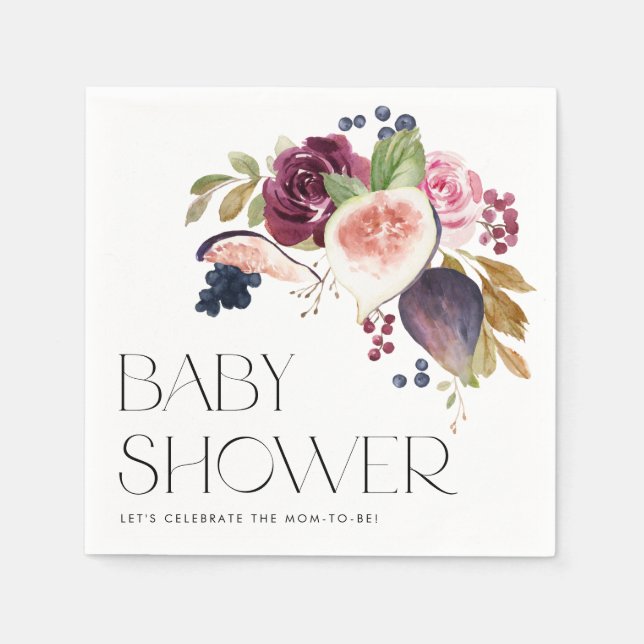 Watercolor Figs and Burgundy Floral Baby Shower Napkin (Front)