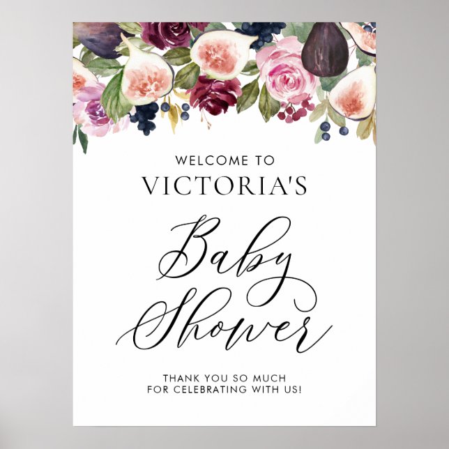 Watercolor Figs Floral Fall Baby Shower Welcome Poster (Front)