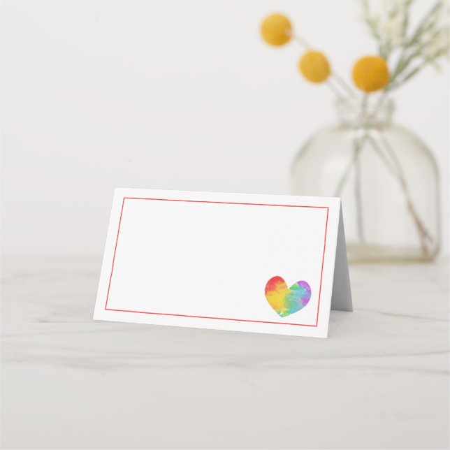 Watercolor Filled Pride Heart Gay Lesbian Wedding Place Card (Front)
