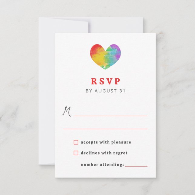 Watercolor Filled Pride Heart Gay Lesbian Wedding  RSVP Card (Front)