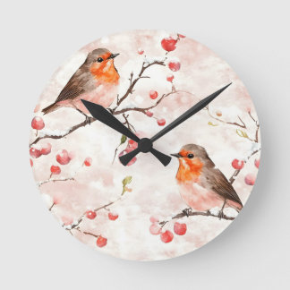 Watercolor Finch in a Snowy Winter Tree & Berries Round Clock