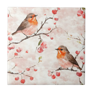 Watercolor Finch in a Snowy Winter Tree & Berries Tile