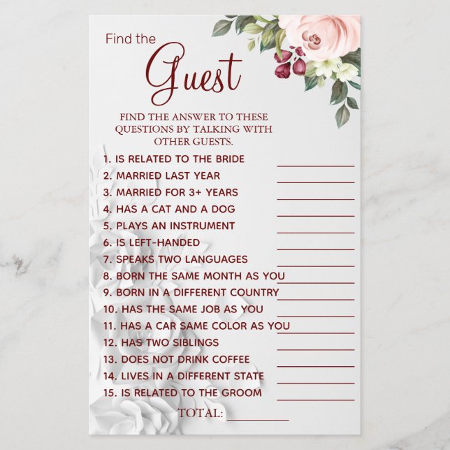 Watercolor  Find the Guest Bridal shower game card (Front)