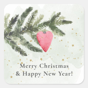 Watercolor Fir Tree + Red Heart Ornament  Square Sticker