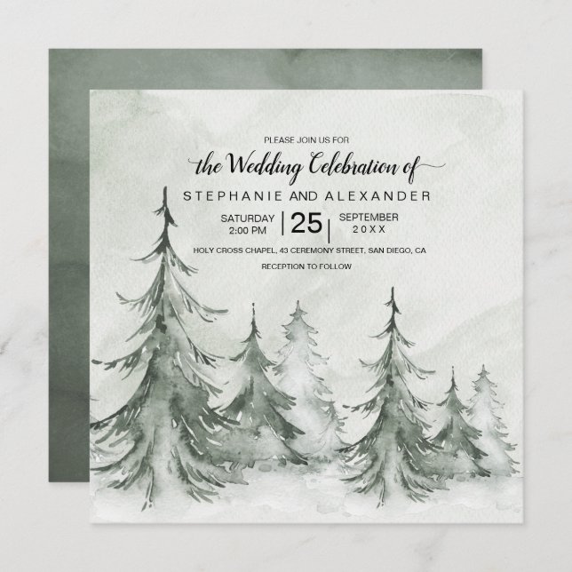 Watercolor Fir Trees Winter Wedding Invitation (Front/Back)