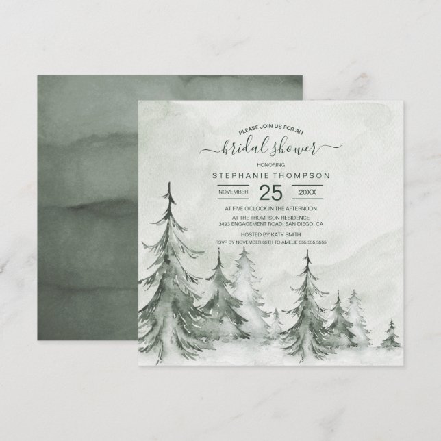 Watercolor Fir Trees Winter Wedding Invitation (Front/Back)