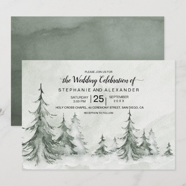 Watercolor Fir Trees Winter Wedding Invitation (Front/Back)