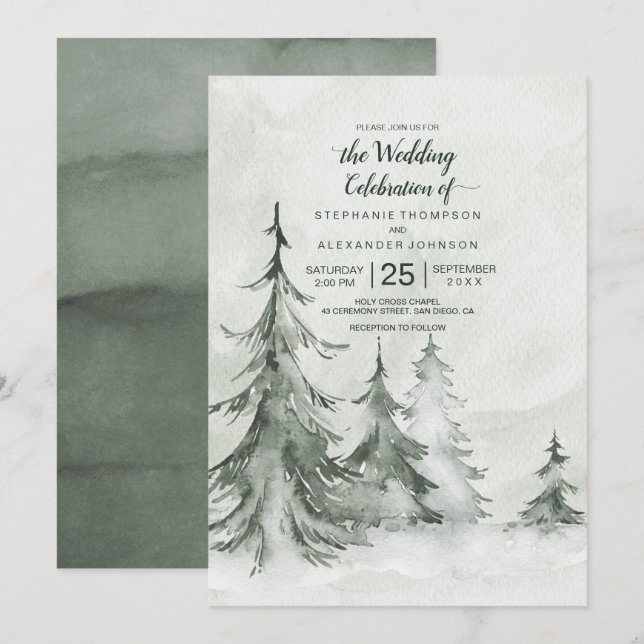 Watercolor Fir Trees Winter Wedding Invitation (Front/Back)