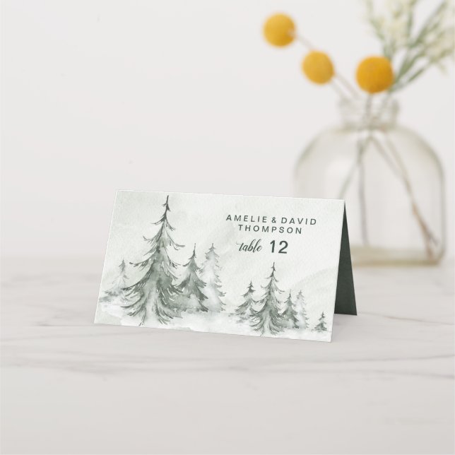 Watercolor Fir Trees Winter Wedding Place Card (Front)