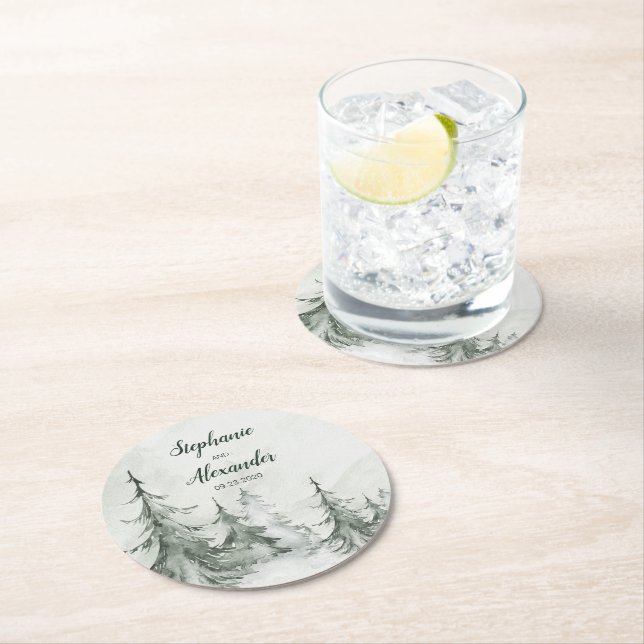 Watercolor Fir Trees Winter Wedding Round Paper Coaster (Insitu)