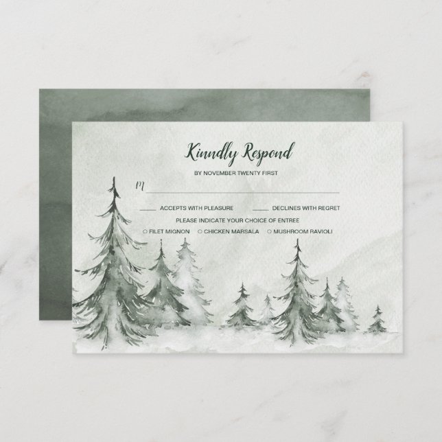 Watercolor Fir Trees Winter Wedding RSVP Card (Front/Back)