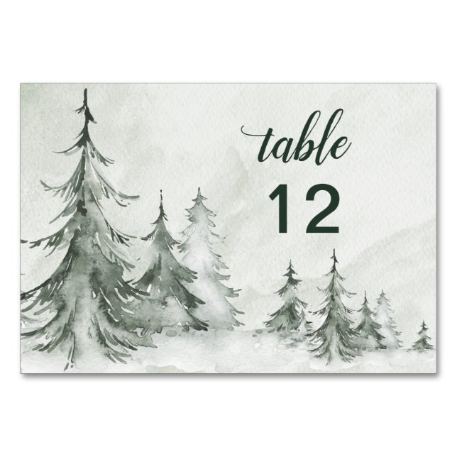 Watercolor Fir Trees Winter Wedding Table Number (Front)