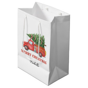 Watercolor Firefighter Christmas Fire Truck Medium Gift Bag