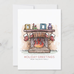 Watercolor Fireplace   Holiday Greetings Card