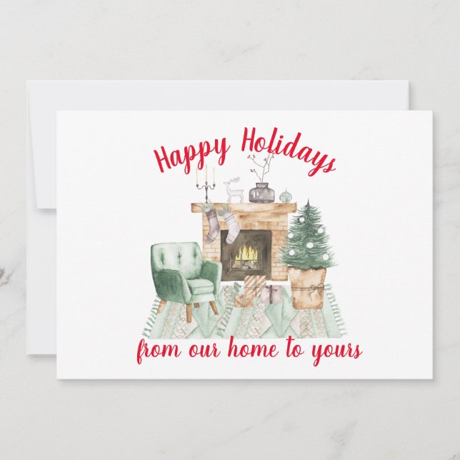 Watercolor Fireside Holiday Scene Christmas Card (Front)