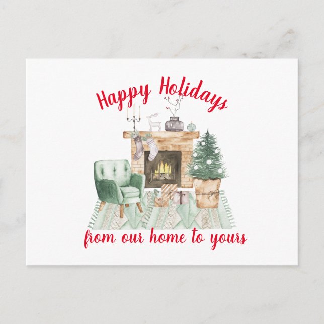 Watercolor Fireside Holiday Scene Christmas Postcard (Front)