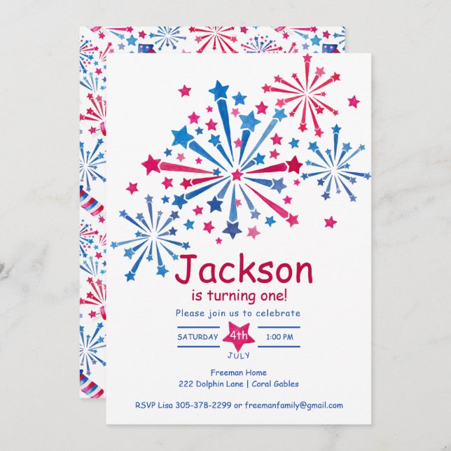 Watercolor Fireworks 4th of July First Birthday  Invitation (Front/Back)