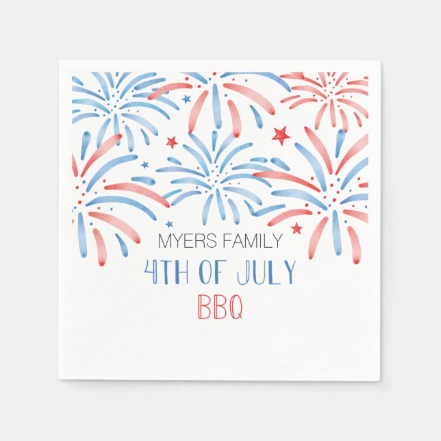 Watercolor Fireworks Fourth of July Party Napkin (Front)