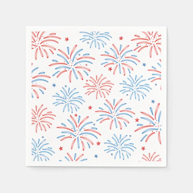 Watercolor Fireworks Fourth of July Party Napkin (Front)