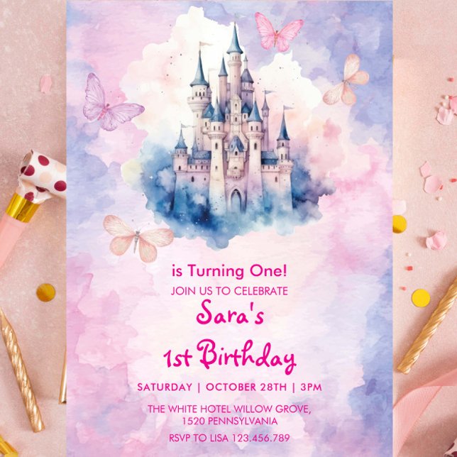 Watercolor First 1st Birthday Castle & Butterfly  Invitation (Creator Uploaded)