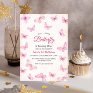 Watercolor First 1st Birthday Glitter Butterflies Invitation