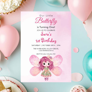 Watercolor First 1st Birthday Pink Girl Butterfly Invitation