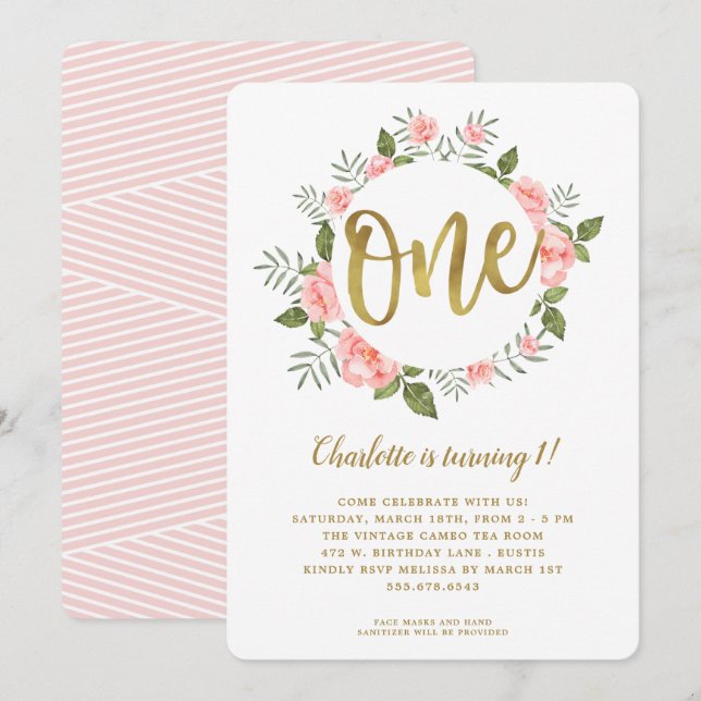 Watercolor First Birthday Gold and  Pink Floral Invitation (Front/Back)