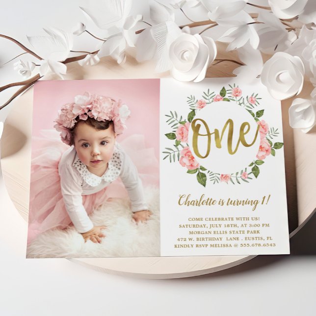 Watercolor First Birthday Gold and  Pink Floral Invitation (Creator Uploaded)