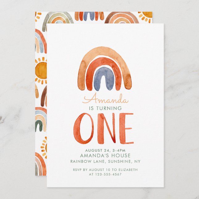 Watercolor First Birthday Modern Boho Rainbow  Invitation (Front/Back)