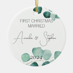 Watercolor First Christmas Married Eucalyptus Ceramic Tree Decoration