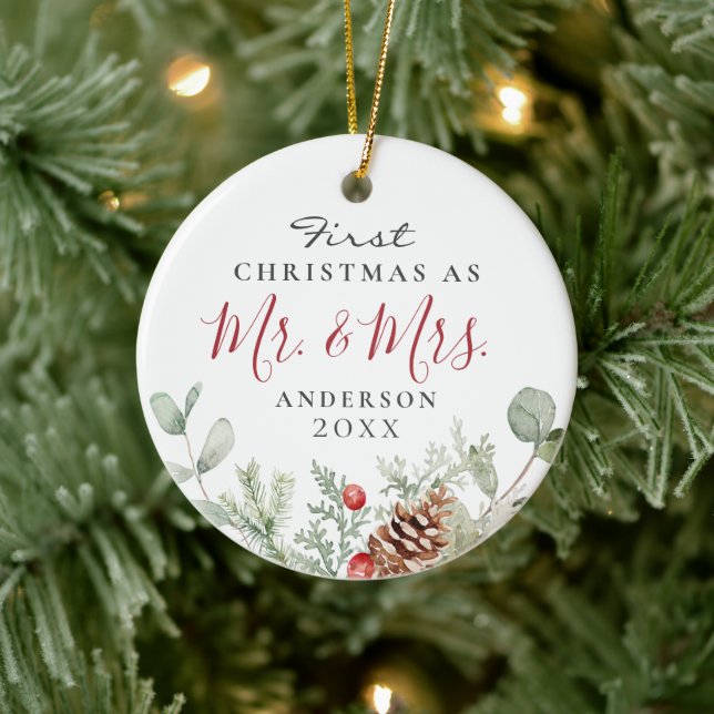 Watercolor First Christmas Mr. + Mrs. Ornament (Tree)