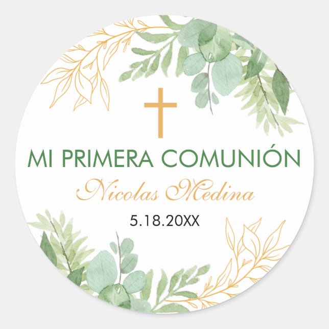 Watercolor First Communion Primera Comunion Classic Round Sticker (Front)