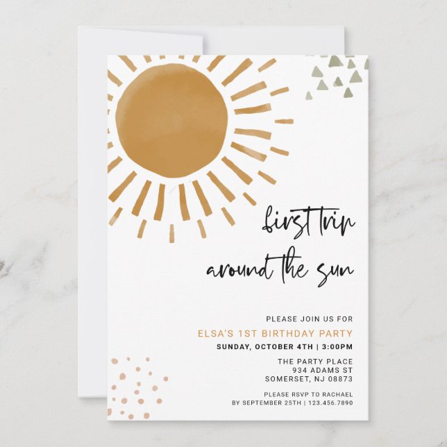 Watercolor First Trip Around The Sun Birthday Invitation (Front)