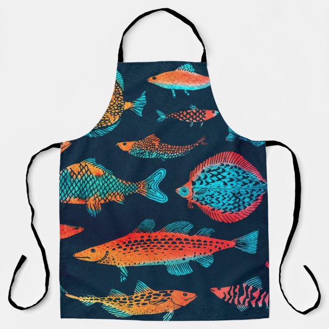 Watercolor Fishes: Deep Blue Seamless Apron (Front)