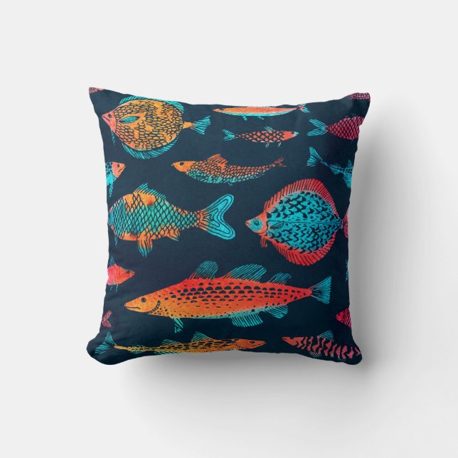 Watercolor Fishes: Deep Blue Seamless Cushion (Front)