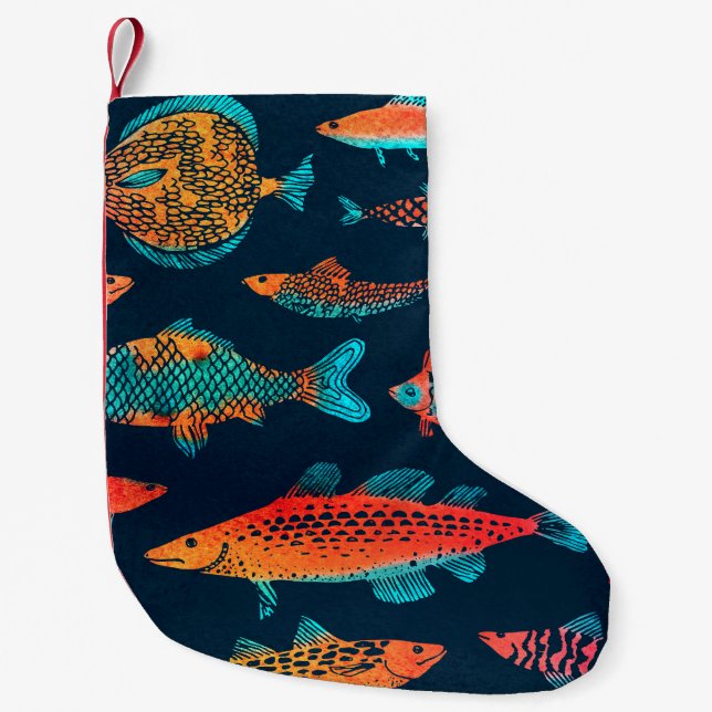 Watercolor Fishes: Deep Blue Seamless Small Christmas Stocking (Front)