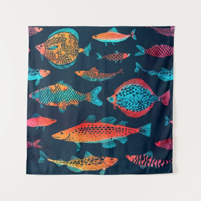 Watercolor Fishes: Deep Blue Seamless Tapestry (Front)