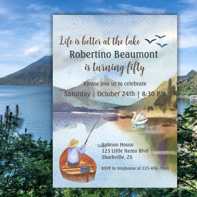 Watercolor Fishing at the Lake 50th Birthday Party Announcement (Creator Uploaded)