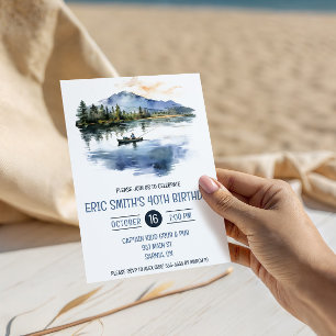 Watercolor Fishing, Mountains, Lake Birthday Party Invitation
