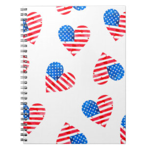 Watercolor flag of America in the shape of hearts Notebook