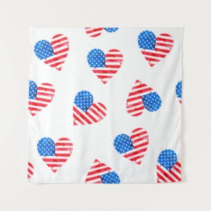 Watercolor flag of America in the shape of  hearts Tapestry