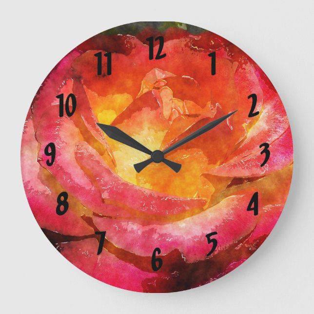 Watercolor Flaming Red Rose Large Clock (Front)