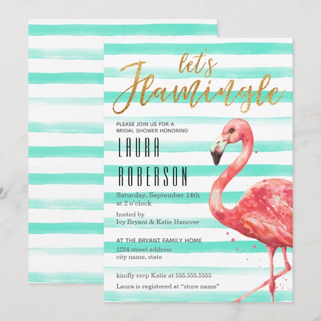 Watercolor Flamingle Mint Stripes | Bridal Shower Invitation (Front/Back)