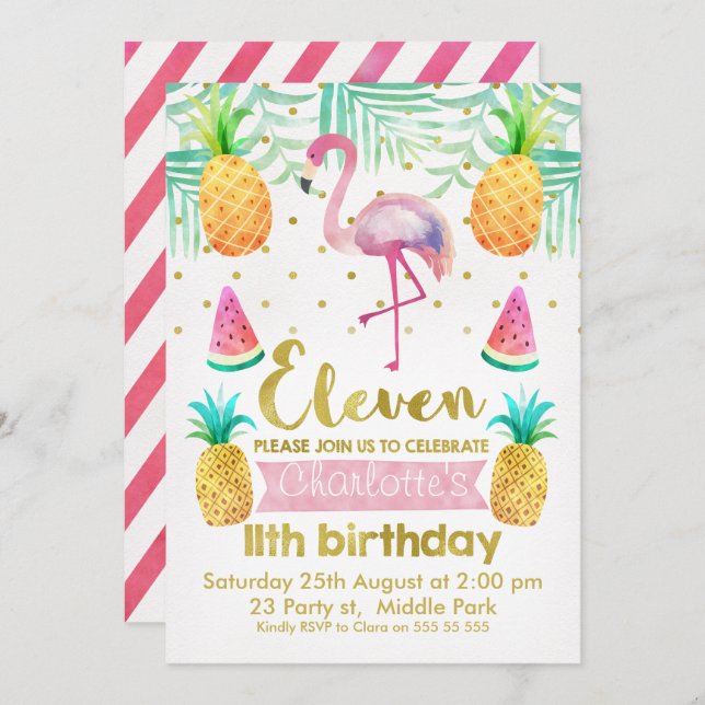 Watercolor Flamingo 11th Birthday Invitation (Front/Back)